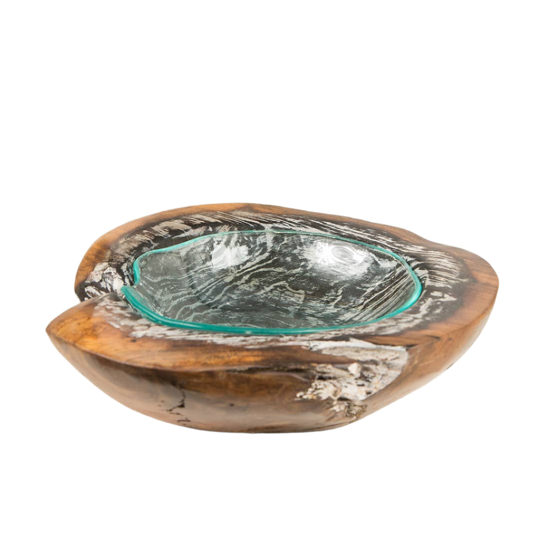 Round Teak Bowl with Blown Glass Liner - Thumbnail 3