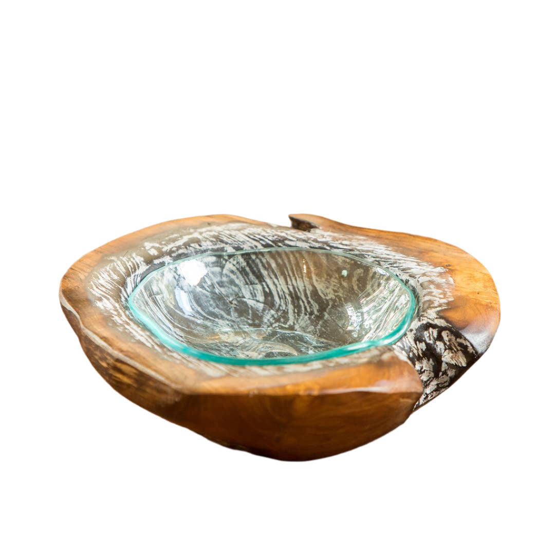 Round Teak Bowl with Blown Glass Liner